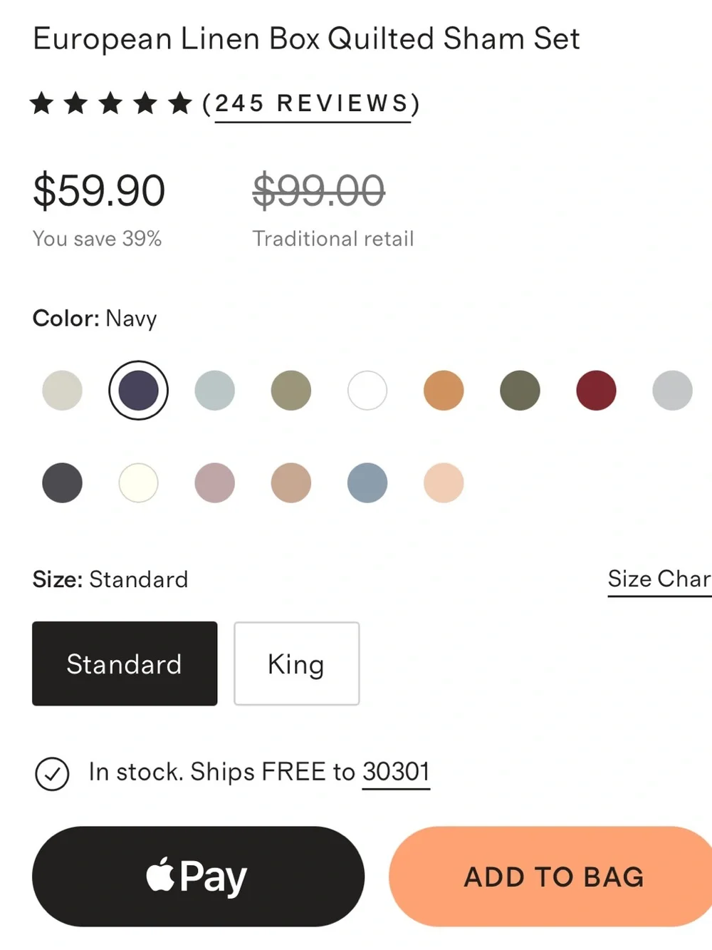 Quince European Linen Box Quilted Sham Set, Standard (Nightfall)
